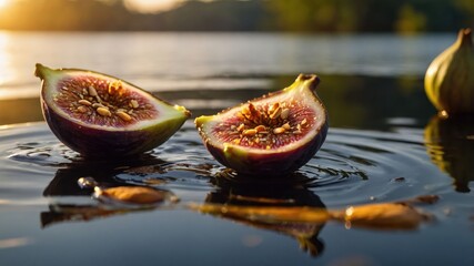 Poster - Sliced figs resting on water, illuminated by sunlight, creating a serene natural scene.