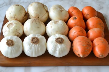 Poster - Organic vegetables arranged on a wooden board in a kitchen setting during daylight hours
