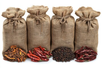 Aufkleber - Colorful collection of spice bags alongside vibrant dried chili peppers and black peppercorns at a market