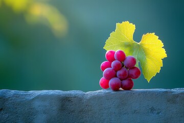 Poster - Bunch of red grapes with green leaf resting on a stone wall in soft natural light during the evening