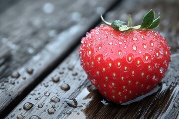 Poster - Freshly harvested strawberry resting on a wooden table with droplets of water in the morning light