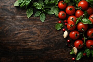 Poster - Fresh tomatoes and basil leaves arranged on a rustic wooden surface for culinary preparation in a home kitchen