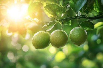 Poster - Fresh green limes hanging from a branch under bright sunlight in a lush garden
