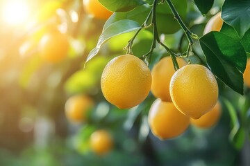 Poster - Fresh lemons hang from lush green branches in a sunlit orchard during early morning hours