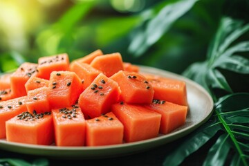 Poster - Freshly cut ripe papaya cubes arranged on a white plate with vibrant green foliage in the background