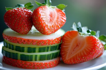 Poster - Colorful fruit and vegetable stack on a white plate showcasing fresh strawberries and cucumbers in direct natural light