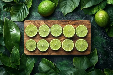 Poster - Freshly sliced limes arranged on a wooden board surrounded by vibrant green leaves