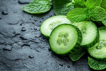 Poster - Freshly sliced cucumber and mint leaves on black stone surface with water droplets glistening in natural light