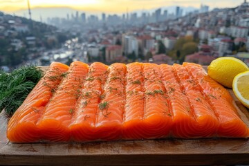 Aufkleber - Fresh salmon fillet displayed with city skyline in the background during golden hour in an urban setting