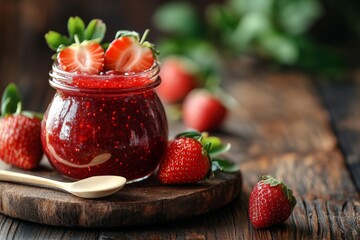 Aufkleber - Delicious homemade strawberry jam in a jar with fresh strawberries on a wooden table