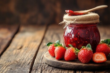 Aufkleber - Delicious homemade strawberry jam displayed with fresh strawberries on rustic wooden table