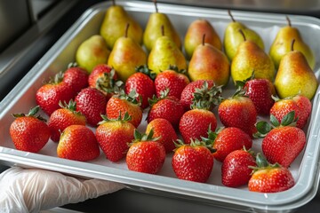 Aufkleber - Fresh strawberries and pears displayed together on a stainless steel tray in a kitchen setting