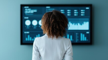 Poster - HR employee onboarding concept. Businesswoman analyzing data on a digital screen in an office setting.
