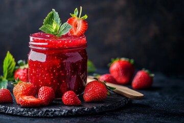 Aufkleber - Strawberry jam in a jar surrounded by fresh strawberries on a dark background