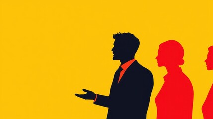 Poster - HR employee onboarding concept. Silhouetted figures against a bright yellow background.