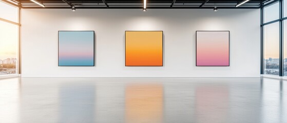 Poster - Modern art gallery featuring three gradient paintings with large windows allowing natural light to illuminate the space.