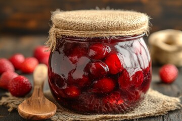 Aufkleber - Homemade raspberry jam in a jar on a rustic wooden table surrounded by fresh raspberries