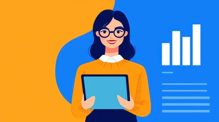 Poster - HR employee onboarding concept. Smiling woman with tablet and graphs in colorful background.