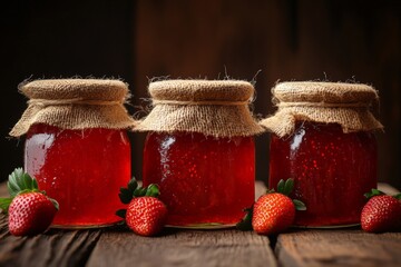 Aufkleber - Homemade strawberry jam in jars with burlap covers and fresh strawberries on wooden table