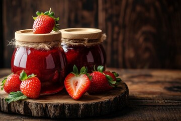 Aufkleber - Homemade strawberry jam in jars with fresh strawberries on wooden surface