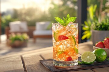 Poster - Refreshing summer cocktail served on a wooden table with fresh fruits in a sunny outdoor setting