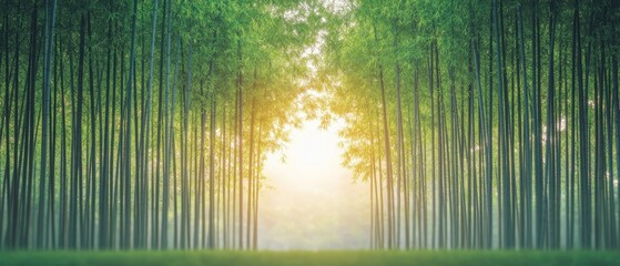 Poster - A serene bamboo forest with tall green stalks, illuminated by soft sunlight filtering through the leaves, creating a peaceful atmosphere.