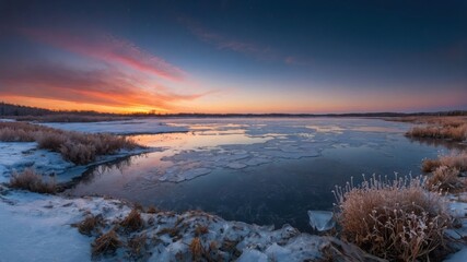 Poster - Serene winter landscape at sunset with icy water and frosted grass.