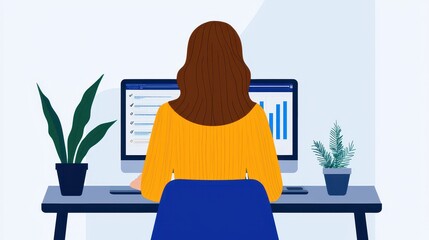 Poster - HR employee onboarding concept. Woman working at a computer with plants on the desk.