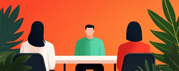 Poster - HR employee onboarding concept. Discussion among three individuals at a meeting table with a vibrant background.