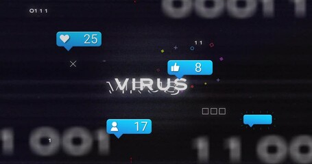Poster - Social media notifications and virus text animation over digital background