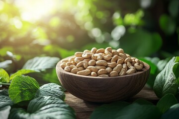 Poster - Freshly harvested peanuts in a wooden bowl surrounded by lush green leaves and warm sunlight