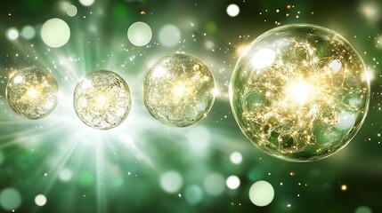 Poster - Glowing spheres emitting light floating against a green backdrop