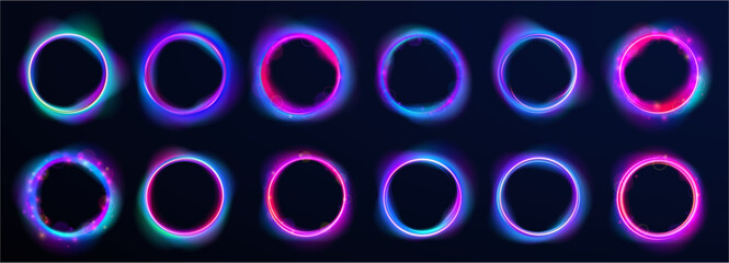 Poster - Neon gradient background light colours abstract curve frame wave graphic shape round design icon vector circular energy glow ring black blue effect texture space flow science spiral swirl fluid png