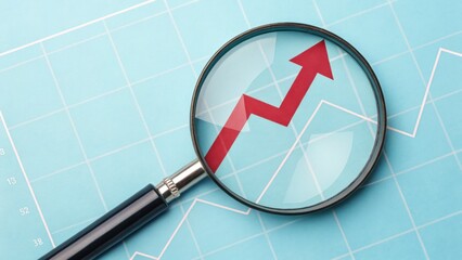 Poster - Navigating Growth: Magnifying the Upward Trend: A close-up shot reveals a vibrant red upward arrow soaring through a magnifying glass, symbolizing financial growth and market analysis.