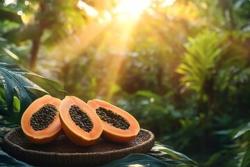 Poster - Fresh papaya halves on a woven tray with sunlight shining through tropical foliage in a lush garden setting