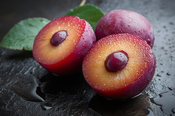 Poster - Freshly cut plums with droplets on a dark surface showcase their vibrant color and tempting texture
