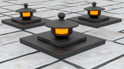 Poster - Three illuminated lanterns arranged on a paved outdoor surface