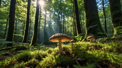 Poster - A serene forest scene featuring mushrooms surrounded by lush greenery and sunlight.