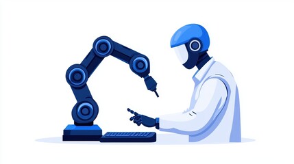 Poster - A person in a blue helmet interacts with a robotic arm and computer, symbolizing technology and innovation in automation.