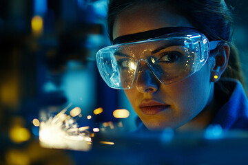 Fototapete - Close-up of woman engaged in precision metalworking Generative AI