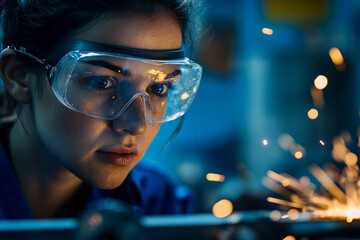 Fototapete - Woman engaged in precision metalworking with focus and care Generative AI