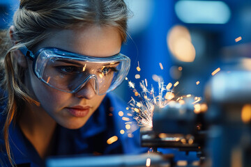 Fototapete - Woman performing precision metalworking in workshop Generative AI