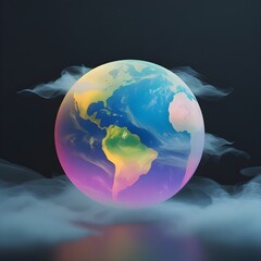 Wall Mural - A vibrant, multicolored globe floats amidst wispy clouds, casting a soft glow against a dark background. South America is prominently featured, rendered in hues of green, yellow, and pink.