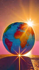 Wall Mural - A brilliantly colored globe is silhouetted against a vibrant sunset, casting a warm glow over the surrounding landscape. The sun peeks from behind the Earth, creating dramatic light flares.