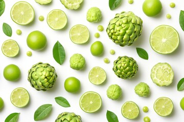 Poster - Fresh green citrus assortment with whole limes, sliced limes, and decorative leaves on a white background