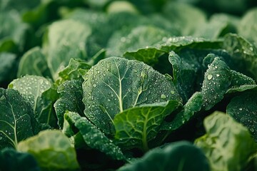 Poster - Fresh green cabbage leaves glistening with water droplets in a lush garden at sunrise
