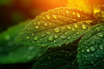 Poster - Close-up of fresh green leaves with water droplets glistening in morning light during a spring day in a garden