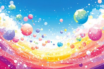 Aufkleber - Colorful abstract design with spheres and vibrant waves in a bright sky setting