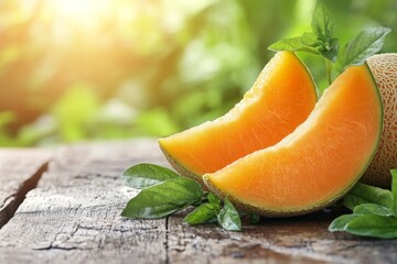 Poster - Fresh cantaloupe slices resting on wooden surface surrounded by green leaves during bright summer afternoon