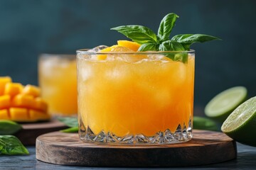 Poster - Refreshing mango basil cocktail served over ice in a clear glass, with fresh ingredients styled beautifully
